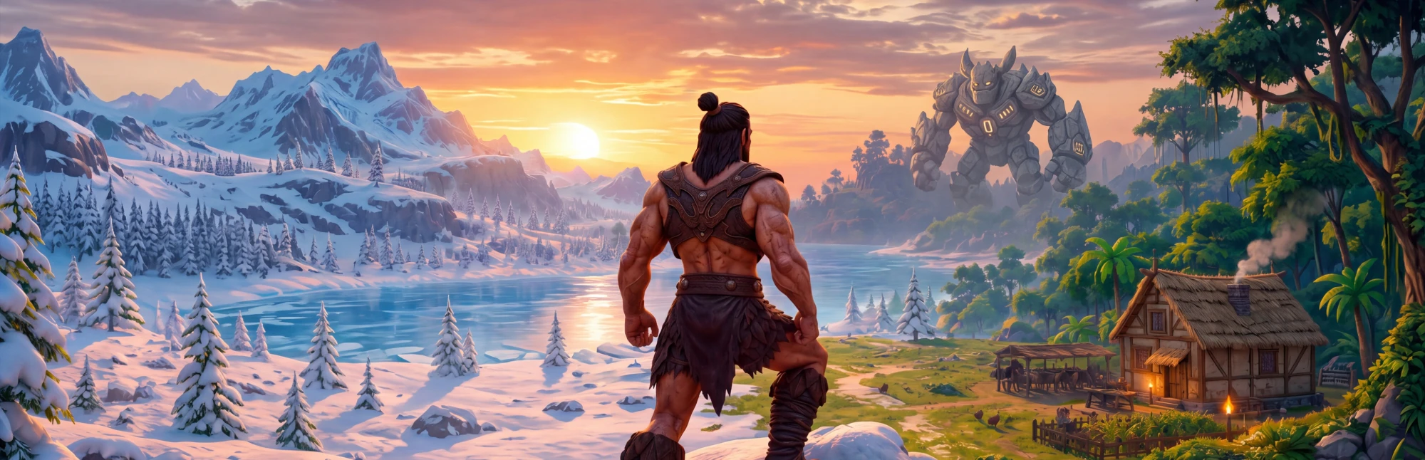Endurland open world: a warrior overlooks frozen peaks and a jungle valley while a stone titan roams