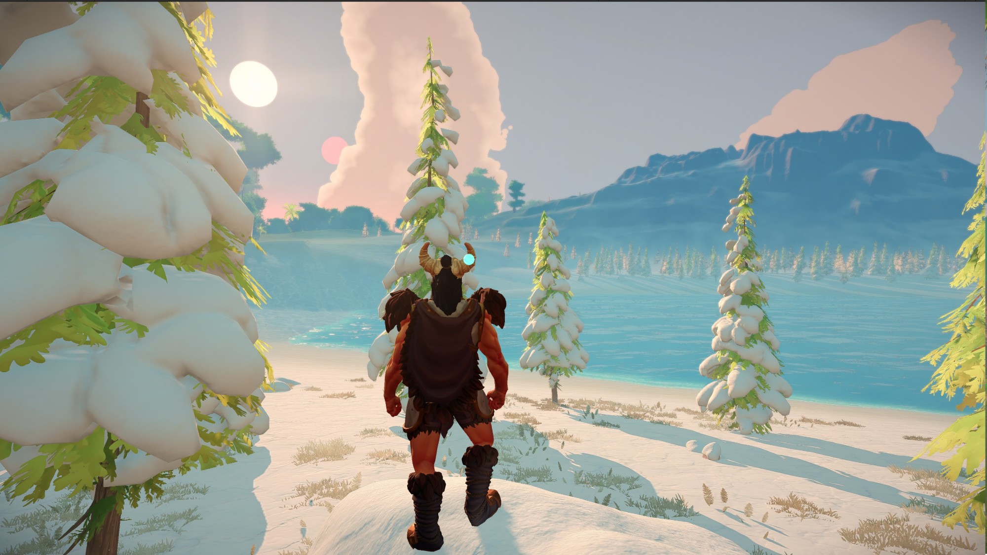 Horned warrior overlooking a frozen lake beneath twin suns