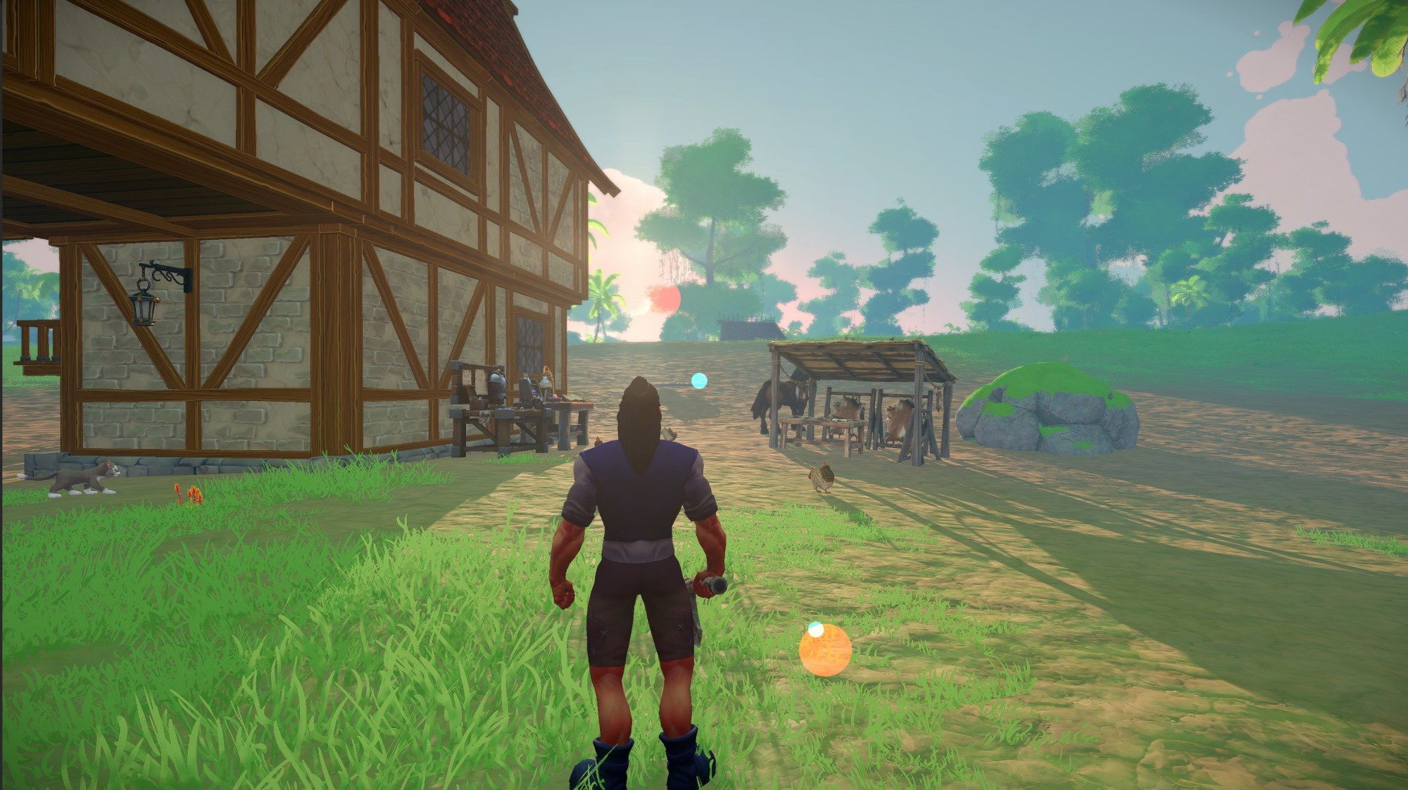 Timber-framed village with a hunter's stall at sunrise
